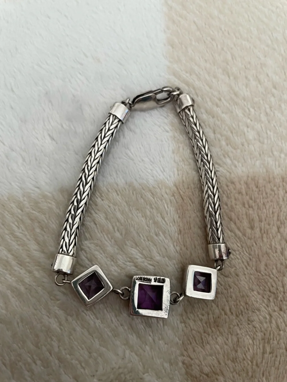 Vintage Lori Bonn 925 Sterling Silver Bracelet Three Purple Square Gemstones
